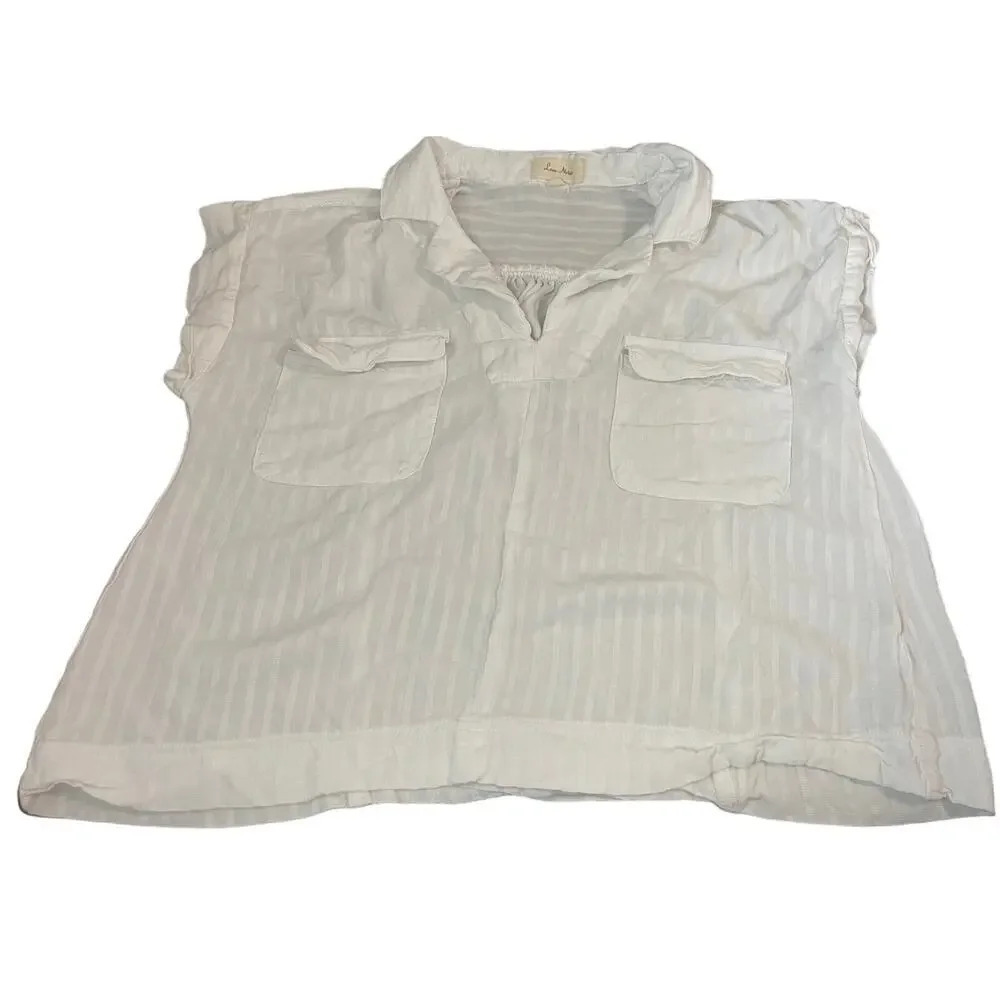 Love Notes SZ‎ Large White Lightweight Shirt Crop Top V-Neck Collared
